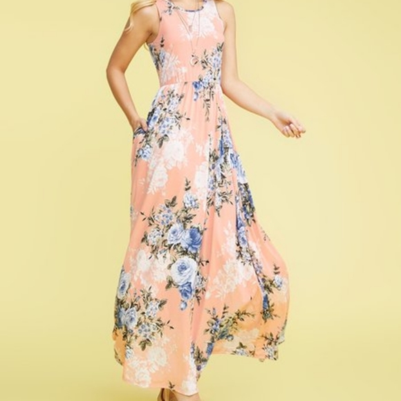 EGS 😘by Éloges Peach Floral Maxi SUMMER Dress in Coral Pink - Picture 5 of 13